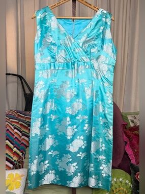 60s Turquoise and Silver Brocade Sheath Dress